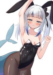Rule 34 | 1girl, alternate costume, alternate hairstyle, animal ears, arm up, armpits, bare arms, black leotard, blue eyes, blue hair, blunt bangs, blush, breasts, breasts apart, brown pantyhose, collarbone, commentary, cowboy shot, english commentary, fake animal ears, fins, fish tail, gawr gura, half-closed eyes, highleg, highleg leotard, highres, hololive, hololive english, leotard, looking at viewer, medium hair, multicolored hair, pantyhose, parted lips, playboy bunny, rabbit ears, shark girl, shark tail, sharkudon, simple background, small breasts, solo, strapless, strapless leotard, streaked hair, tail, twintails, virtual youtuber, white background, white hair