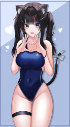 Rule 34 | 1girl, absurdres, animal ears, bare shoulders, black hair, blue background, blue eyes, blue one-piece swimsuit, blunt bangs, bow, breasts, cat ears, cat tail, collarbone, covered navel, cowboy shot, doongdang, gluteal fold, hair intakes, hair ornament, hairclip, half updo, heart, heart hands, highleg, highleg swimsuit, highres, huge filesize, long hair, looking at viewer, medium breasts, mole, mole under eye, one-piece swimsuit, open mouth, original, sanpaku, school swimsuit, sidelocks, simple background, smile, solo, swimsuit, tail, tail bow, tail ornament, thigh gap, thigh strap, thighs, tsurime