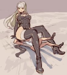 Rule 34 | 2girls, black hair, blonde hair, boots, breasts, elbow gloves, female focus, gloves, kazo (kazozakazo), large breasts, long hair, multiple girls, original, ponytail, sitting, sitting on face, sitting on person, size difference, small breasts, thigh boots, thighhighs, wide hips, yuri