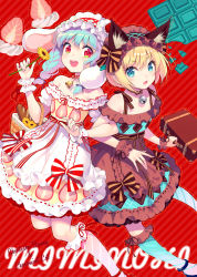Rule 34 | 2girls, :d, animal ear fluff, animal ears, bare shoulders, bell, blonde hair, blue eyes, blue hair, blue legwear, bow, braid, brown bow, brown dress, brown hairband, candy, cat ears, chocolate, chocolate bar, commentary request, cream, diagonal-striped legwear, dotted line, dress, english text, fang, flower, food, food-themed clothes, frilled dress, frilled hairband, frills, fruit, grey legwear, hairband, highres, holding, holding flower, jingle bell, kneehighs, looking at viewer, multiple girls, nishimura eri, off-shoulder dress, off shoulder, open mouth, original, outline, puffy short sleeves, puffy sleeves, rabbit ears, red background, red bow, red eyes, round teeth, short sleeves, smile, socks, strawberry, striped, striped background, striped bow, suitcase, teeth, twin braids, upper teeth only, white dress, white hairband, yellow flower