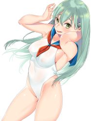 Rule 34 | 1girl, :d, aqua hair, arms behind head, arms up, bad id, bad pixiv id, blush, breasts, commentary request, covered erect nipples, covered navel, green eyes, highleg, highleg leotard, highres, kantai collection, karasuma yayoi, leotard, long hair, medium breasts, open mouth, sailor collar, see-through, sideboob, simple background, smile, solo, suzuya (kancolle), teeth, white background, white leotard