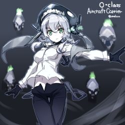 Rule 34 | 10s, 1girl, abyssal ship, adapted costume, alternate costume, amagai tarou, black gloves, character name, colored skin, gloves, gradient background, green eyes, hat, kantai collection, navel, open fly, outstretched arm, pants, silver hair, simple background, sketch, solo, unzipped, white skin, wo-class aircraft carrier