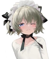 Rule 34 | 1girl, black bow, black choker, blue eyes, blush, bow, choker, closed mouth, collarbone, commentary request, grey hair, hair between eyes, highres, looking at viewer, one eye closed, original, seicoh, shirt, short hair, simple background, solo, upper body, white background, white shirt