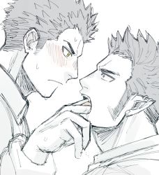 Rule 34 | 2boys, bara, blush, eye contact, finger in another&#039;s mouth, from side, greyscale, harada (basashi), long sideburns, looking at another, male focus, mature male, monochrome, multiple boys, muscular, muscular male, original, pointy ears, profile, saliva, saliva trail, short hair, sideburns, sketch, spiked hair, sweatdrop, upper body, yaoi