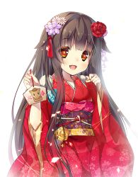 Rule 34 | 1girl, :d, ema, flower, furisode, hair flower, hair ornament, japanese clothes, kimono, long hair, miwabe sakura, new year, open mouth, original, red eyes, simple background, smile, solo, white background