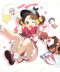 Rule 34 | 1girl, 2boys, adachi tooru, agata120, arm up, blush, bow, brown eyes, brown hair, deerstalker, doujima nanako, dress, facial hair, gloves, hair bow, happy birthday, hat, heart, highres, kuma (persona 4), multiple boys, mustache, narukami yuu, one eye closed, open mouth, persona, persona 4, red bow, shoes, short twintails, simple background, socks, solo focus, sparkle, star (symbol), twintails, wand, white gloves, white socks, yellow bow