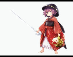 Rule 34 | 1girl, barefoot, bowl, bowl hat, floral print, hat, highres, japanese clothes, kimono, letterboxed, long sleeves, miracle mallet, needle, obi, purple eyes, purple hair, sash, smile, solo, sukuna shinmyoumaru, touhou, waira, wide sleeves
