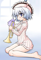 Rule 34 | 1girl, akou roushi, alternate costume, bare legs, barefoot, blue eyes, blue hair, blush, body blush, bottomless, cleaning, female focus, hat, instrument, matching hair/eyes, merlin prismriver, naked sweater, no pants, revision, ribbed sweater, short hair, sitting, solo, sweater, touhou, trumpet, wariza