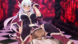 Rule 34 | 1boy, 1girl, accident, accidental pervert, alto travers, atelier-moo, breasts, brown hair, cleavage, dark elf, elf, embarrassed, full body, hair between eyes, head under skirt, large breasts, long hair, long pointy ears, open mouth, pointy ears, purple hair, short hair, silvia milsteen, sitting, skirt, thighhighs, very long hair, wizards symphony, yellow eyes, zettai ryouiki