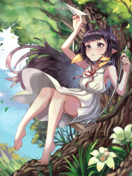 Rule 34 | 2girls, absurdres, antennae, arm up, bare shoulders, barefoot, bee costume, black hair, blonde hair, blue sky, blunt bangs, blurry, blurry background, blurry foreground, blush, branch, closed mouth, cloud, collarbone, collared dress, commentary request, day, dress, expressionless, eyelashes, feet, floating hair, flower, gradient hair, grass, hand up, highres, holding, holding paper airplane, hololive, hololive english, insect wings, kiwwwwwi, long hair, mole, mole under eye, moss, multicolored hair, multiple girls, neck ribbon, ninomae ina&#039;nis, orange hair, outdoors, paper airplane, pointy ears, purple eyes, red ribbon, ribbon, short hair, sidelocks, sitting, sky, sleeveless, sleeveless dress, smol ame, solo focus, swing, swinging, tentacle hair, toes, tree, very long hair, virtual youtuber, watson amelia, white dress, white flower, wings