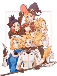 Rule 34 | 6+girls, :i, alternate costume, artist request, blouse, breasts, cleavage, combat medic ziegler, devil mercy, dual persona, food, fruit, hat, highres, mandarin orange, mercy (overwatch), multiple girls, official alternate costume, overwatch, overwatch 1, shirt, transparent background, white hat, white shirt, witch mercy