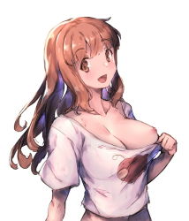 Rule 34 | 10s, :d, breasts, brown eyes, brown hair, girls und panzer, long hair, looking at viewer, medium breasts, nipples, one breast out, open mouth, redcomet, simple background, smile, solo, takebe saori, white background