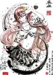 Rule 34 | 1girl, belt, belt buckle, breasts, buckle, character name, closed mouth, collarbone, copyright name, hair between eyes, hair ornament, hairclip, ink wash painting, jidao huashi, lamia, long hair, midriff, miia (monster musume), miniskirt, monster girl, monster musume no iru nichijou, navel, one eye closed, pointy ears, red hair, scales, shirt, short sleeves, sidelocks, simple background, skirt, slit pupils, solo, spot color, tail, tied shirt, traditional media, white background, yellow eyes
