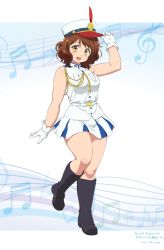 Rule 34 | 1girl, bare shoulders, boots, brown hair, eyelashes, gloves, hat, hibike! euphonium, highres, looking at viewer, mage (harumagedon), open mouth, oumae kumiko, short hair, sleeveless, solo, standing, thick thighs, thighs, uniform, white gloves