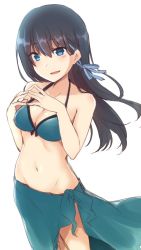 Rule 34 | 1girl, bare arms, bare shoulders, bikini, black hair, blue bikini, blue eyes, blue ribbon, blue sarong, blush, breasts, character request, cleavage, collarbone, commentary, copyright request, hair between eyes, hair ribbon, half-closed eye, hands up, long hair, medium breasts, nagami yuu, navel, parted lips, ribbon, sarong, simple background, smile, solo, steepled fingers, swimsuit, uneven eyes, very long hair, white background