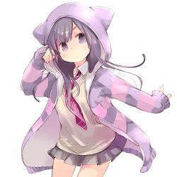 Rule 34 | 1girl, collared shirt, commentary request, cowboy shot, grey skirt, hand up, hood, hood up, hoodie, kuga tsukasa, long hair, long sleeves, looking at viewer, necktie, open clothes, open hoodie, pleated skirt, red necktie, school uniform, shirt, simple background, skirt, sleeves past wrists, solo, vest, white background, white shirt, wing collar, yellow vest