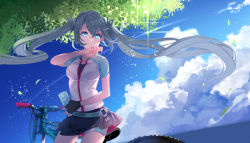 Rule 34 | 1girl, absurdres, bicycle, black gloves, black shirt, black skirt, blue eyes, blue sky, breasts, closed mouth, cloud, collarbone, commentary request, day, falling leaves, fingerless gloves, floating hair, gloves, grey hair, hatsune miku, highres, holding, jacket, leaf, long hair, outdoors, shirt, short shorts, short sleeves, shorts, shorts under skirt, single glove, skirt, sky, small breasts, smile, solo, twintails, twitter username, very long hair, vocaloid, white jacket, yuuki kira