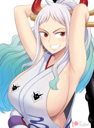 Rule 34 | 1girl, aqua hair, arm up, armpits, bare arms, bare shoulders, breasts, brown eyes, club, club (weapon), curled horns, devilukez, earrings, floating hair, green hair, grin, hair ornament, hair stick, hakama, hakama pants, highres, holding, holding weapon, hoop earrings, horns, japanese clothes, jewelry, large breasts, long hair, looking at viewer, multicolored hair, multicolored horns, one piece, oni, orange horns, pants, red hakama, red horns, shirt, sideboob, sidelocks, simple background, sleeveless, sleeveless shirt, smile, solo, very long hair, weapon, white background, white hair, yamato (one piece), yellow horns