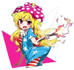 Rule 34 | 1girl, american flag dress, american flag legwear, blonde hair, blush, clownpiece, cropped legs, dress, fairy wings, fire, hat, holding, jester cap, jpeg artifacts, long hair, looking at viewer, neck ruff, noel (noel-gunso), open mouth, pantyhose, pink eyes, polka dot, short dress, short sleeves, simple background, smile, solo, star (symbol), star print, striped clothes, striped pantyhose, torch, touhou, white background, wings