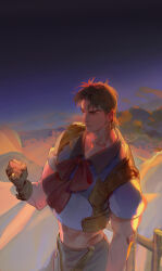Rule 34 | 1boy, blue eyes, brown hair, clenched hand, closed mouth, commentary, fingerless gloves, frown, gloves, handsomedao, highres, jewelry, jojo no kimyou na bouken, jonathan joestar, male focus, muscular, muscular male, outdoors, pants, phantom blood, ring, short hair, short sleeves, solo, standing