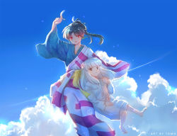 Rule 34 | 2girls, barefoot, black eyes, black hair, blue sky, blunt bangs, cloud, earrings, feathers, flower, hair flower, hair ornament, highres, holding, holding feather, inuyasha, japanese clothes, jewelry, kagura (inuyasha), kanna (inuyasha), kimono, long hair, long sleeves, multicolored clothes, multicolored kimono, multiple girls, pointy ears, ponytail, red eyes, sky, tomo-alice, white hair, white kimono, wide sleeves