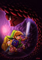 Rule 34 | 1boy, 1girl, angry, blonde hair, blue eyes, brown hair, cape, dress, elf, fire, hat, highres, holding, holding sword, holding weapon, link, long hair, master sword, nervous, nintendo, pointy ears, princess zelda, shield, sidelocks, snake, sword, the legend of zelda, the legend of zelda: a link to the past, tiara, triforce, underground, weapon, web