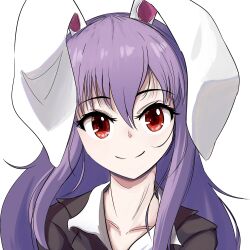 Rule 34 | 1girl, animal ears, closed mouth, collarbone, commentary, highres, ja moth, long hair, purple hair, rabbit ears, rabbit girl, red eyes, reisen udongein inaba, simple background, smile, solo, symbol-only commentary, touhou, upper body, white background
