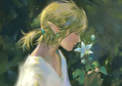 1boy arm_up blonde_hair blue_flower blurry blurry_background brown_gloves closed_eyes closed_mouth commentary_request fingerless_gloves flower gloves hair_behind_ear highres holding holding_flower link long_pointy_ears male_focus nintendo painterly pointy_ears ponytail profile shirt short_ponytail solo the_legend_of_zelda the_legend_of_zelda:_breath_of_the_wild upper_body v-neck white_shirt yoauuki