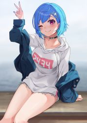 Rule 34 | 1girl, ;), alternate breast size, arm up, black choker, blue eyes, blue jacket, blue nails, blush, breasts, choker, closed mouth, commentary request, dolphin hair ornament, fang, fang out, feet out of frame, highres, hood, hood down, hoodie, jacket, kaguya (srx61800), looking at viewer, medium breasts, nail polish, nijisanji, nishizono chigusa, nishizono chigusa (2nd costume), off shoulder, one eye closed, open clothes, open jacket, purple eyes, sitting, smile, solo, v, virtual youtuber, white hoodie
