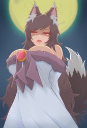 Rule 34 | 1girl, animal ears, bamboo, bare shoulders, breasts, brooch, brown hair, cleavage, cube85, dress, fang, full moon, glowing, glowing eyes, highres, imaizumi kagerou, jewelry, large breasts, long hair, long sleeves, looking at viewer, looking down, moon, night, night sky, off-shoulder dress, off shoulder, open mouth, red eyes, sky, solo, tail, touhou, white dress, wide sleeves, wolf ears, wolf tail