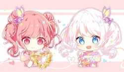 Rule 34 | 2girls, :d, alternate hairstyle, bad id, bad pixiv id, bang dream!, blue eyes, bouquet, butterfly hair ornament, chibi, cropped torso, double bun, flower, hair bun, hair ornament, hand up, heart, holding, jpeg artifacts, maruyama aya, multiple girls, open mouth, pink eyes, pink hair, short sleeves, smile, taya oco, twintails, upper body, wakamiya eve, white hair