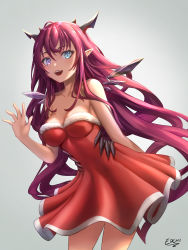 Rule 34 | 1girl, absurdres, bare arms, bare legs, bare shoulders, christmas dress, collarbone, dress, edchi, hand up, highres, hololive, hololive english, horns, irys (hololive), long hair, looking at viewer, red hair, short dress, smile, teeth, very long hair, virtual youtuber, waving, wavy hair, wings