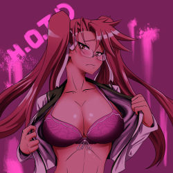 Rule 34 | 1girl, breasts, cleavage, glasses, highres, highschool of the dead, large breasts, long hair, pink hair, solo, takagi saya, twintails
