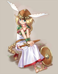 Rule 34 | 1girl, armor, armored dress, bangle, blonde hair, blue eyes, bracelet, braid, brown footwear, brown hat, closed mouth, commentary, dress, grey background, hair ribbon, hat, helmet, holding, holding sword, holding weapon, jewelry, katahira masashi, long dress, long hair, looking at viewer, namco, pauldrons, project x zone, red ribbon, ribbon, sandals, shield, shoulder armor, side slit, single braid, sitting, sleeveless, sleeveless dress, smile, sword, valkyrie (vnd), valkyrie no densetsu, very long hair, weapon, white dress, winged helmet