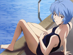 Rule 34 | 1girl, ayanami rei, barefoot, black one-piece swimsuit, blue hair, breasts, derivative work, detexted, highres, looking back, neon genesis evangelion, non-web source, one-piece swimsuit, pool, pool ladder, poolside, red eyes, sasaki atsuko, school swimsuit, short hair, sitting, small breasts, solo, swimsuit, third-party edit