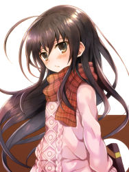 Rule 34 | 1girl, ahoge, arm behind back, black hair, blush, box, brown eyes, closed mouth, floating hair, gift, gift box, hair between eyes, highres, holding, holding box, long hair, long sleeves, plaid, plaid scarf, red scarf, ribbed sweater, scarf, shakugan no shana, shana, simple background, solo, standing, sweater, tachitsu teto, very long hair, white background, white sweater