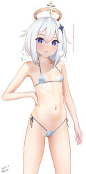 Rule 34 | 1girl, :d, ahoge, bare arms, bare legs, bare shoulders, bikini, blue bikini, blue eyes, blush, breasts, collarbone, commentary, covered erect nipples, dated, genshin impact, gluteal fold, hair between eyes, hair ornament, hairclip, halo, hand on own hip, heavy breathing, highres, kanzaki muyu, looking at viewer, micro bikini, navel, open mouth, paimon (genshin impact), parted lips, short hair, side-tie bikini bottom, simple background, skindentation, small breasts, smile, solo, standing, star (symbol), star hair ornament, steam, string bikini, sweat, swimsuit, translation request, white background, white hair