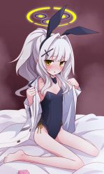 Rule 34 | 1girl, absurdres, barefoot, bed, blue archive, blush, breasts, collarbone, commentary request, full body, green eyes, grey hair, hair ornament, halo, hare (blue archive), highres, ikune juugo, leotard, long hair, playboy bunny, ponytail, shirt, simple background, sitting, small breasts, solo, sweatdrop, wariza
