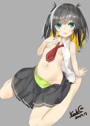 Rule 34 | 1girl, black hair, black skirt, blonde hair, blush, breasts, collarbone, dated, green eyes, kavka, looking at viewer, medium breasts, medium hair, multicolored hair, navel, necktie, no nipples, original, parted lips, red necktie, signature, sitting, skirt, smile, solo, two-sided fabric, two-sided skirt, wariza