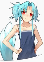 Rule 34 | 1girl, alternate hairstyle, bare arms, bare shoulders, blue hair, camisole, carbuncle (final fantasy), closed mouth, commentary request, facial mark, final fantasy, forehead mark, grey background, hands on own hips, long hair, off shoulder, original, pen (pen3), personification, red eyes, simple background, smile, solo, strap slip, tail, twintails day, upper body