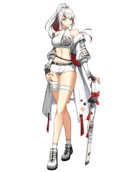 Rule 34 | 1girl, absurdres, alternate hair color, bandages, bare shoulders, belt, black gloves, blue eyes, breasts, closers, crop top, crossed legs, elbow gloves, fingerless gloves, floating hair, gloves, grin, harpy (closers), highres, jacket, large breasts, long hair, looking at viewer, micro shorts, midriff, mole, mole under eye, multicolored hair, navel, off shoulder, official art, open clothes, open jacket, ponytail, red hair, shirt, shoes, shorts, sleeveless, sleeveless shirt, slit pupils, smile, sneakers, socks, solo, standing, stomach, streaked hair, tachi-e, thigh strap, thighs, two-tone hair, watson cross, white background, white footwear, white hair, white jacket, white shirt, white shorts, white socks
