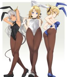 Rule 34 | 3girls, aegis (takunomi), animal ears, armpits, ass, bad perspective, bare arms, bare shoulders, black bow, black legwear, black leotard, black neckwear, blonde hair, blue eyes, blue footwear, blue leotard, bow, bowtie, breasts, brown eyes, brown legwear, crossed arms, curvy, dark-skinned female, dark skin, detached collar, dragon girl, elf, fake animal ears, from behind, from below, full body, gradient background, green eyes, grey background, hair intakes, hand on own hip, highleg, highleg leotard, highres, hip focus, iris (takunomi), leotard, long hair, long legs, looking at viewer, looking back, medium breasts, multiple girls, original, outside border, pantyhose, playboy bunny, pointy ears, pov, rabbit ears, rabbit tail, shoes, sideboob, silver hair, simple background, small breasts, smile, standing, swept bangs, tail, takunomi, thick thighs, thighs, ursula (takunomi), white background, white footwear, white leotard, wrist cuffs