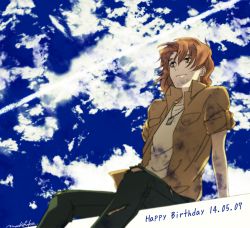 Rule 34 | 10s, 1boy, arm support, brown eyes, brown hair, cloud, dated, denim, fading, happy birthday, jeans, jewelry, kasugai koyo, machi fuka, male focus, necklace, pants, short hair, signature, sitting, sky, sleeves rolled up, smile, solo, soukyuu no fafner, torn clothes, torn jeans