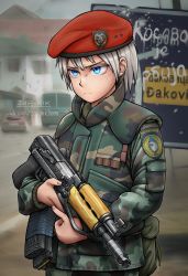 Rule 34 | 1girl, artist name, assault rifle, beret, blue eyes, camouflage, camouflage jacket, car, closed mouth, collar, colored eyelashes, commission, cyrillic, duct tape, frown, grey hair, grey sky, gun, hat, highres, holding, holding gun, holding weapon, insignia, jacket, long sleeves, looking to the side, military, military jacket, military uniform, motor vehicle, original, pocket, red hat, rifle, serbo-croatian text, short hair, sky, solo, standing, uniform, upper body, weapon, zap-nik, zastava m85