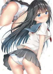 Rule 34 | 1girl, ass, black hair, blue eyes, blue hair, blush, close-up, closed mouth, clueless, commentary request, embarrassed, gradient hair, grey skirt, hair ornament, hairclip, highres, long hair, miniskirt, multicolored hair, multiple views, original, panties, pleated skirt, red ribbon, ribbon, sailor collar, school uniform, shiny skin, shirt, simple background, skirt, standing, sunsun2812, sweat, two-tone hair, underwear, wardrobe malfunction, white background, white panties, white shirt, wind, wind lift