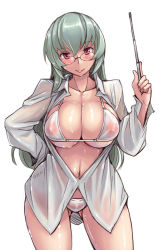Rule 34 | 1girl, bikini, blush, breasts, cleavage, contrapposto, dress shirt, glasses, hand on own hip, head tilt, large breasts, long hair, looking at viewer, open clothes, open shirt, pointer, red eyes, rozen maiden, see-through, shiny skin, shirt, silver hair, smile, solo, standing, suigintou, swimsuit, tsuda nanafushi