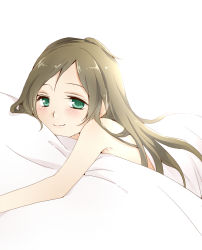 Rule 34 | 10s, 1girl, afterglow, bad id, bad pixiv id, bare shoulders, bed sheet, blanket, brown hair, green eyes, looking at viewer, lying, minamino kanade, naked sheet, on stomach, precure, sao (0060), simple background, smile, solo, suite precure, white background
