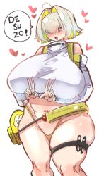Rule 34 | 1girl, absurdres, ahoge, bikini, blonde hair, blush, breasts, clothing cutout, crop top, cropped sweater, daruia (sabitare), double v, elegg (nikke), goddess of victory: nikke, hair intakes, hair over eyes, heart, highres, huge breasts, long bangs, long sleeves, multicolored hair, navel, open mouth, plump, purple eyes, short hair, shoulder cutout, solo, swimsuit, thigh strap, thighs, two-tone hair, v, wide hips, yellow bikini