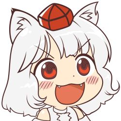 Rule 34 | 1girl, :3, :d, absurdres, animal ears, blush, chibi, commentary, gyate gyate, hat, highres, inubashiri momiji, open mouth, portrait, red eyes, short hair, smile, solo, tokin hat, touhou, transparent background, v-shaped eyebrows, white hair, wolf ears