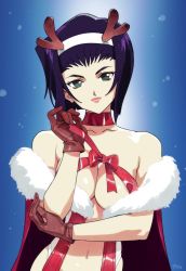 Rule 34 | 1girl, animal ears, artist name, blue background, breasts, brown gloves, cape, choker, christmas, cleavage, collarbone, commentary, cowboy bebop, english commentary, fake animal ears, fake antlers, faye valentine, fur-trimmed cape, fur trim, gloves, green eyes, hairband, head tilt, highleg, highleg panties, highres, horns, light smile, lips, looking at viewer, medium breasts, navel, optionaltypo, panties, panty straps, purple hair, red cape, red choker, red ribbon, retro artstyle, ribbon, short hair, simple background, solo, underwear, upper body, white hairband, white panties